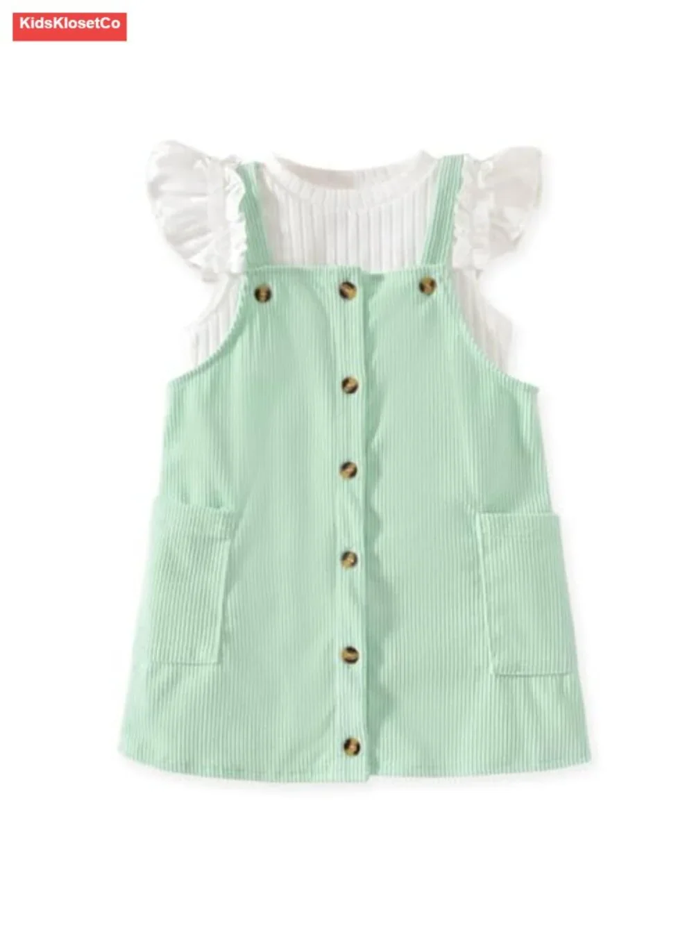 Toddler Girl Corduroy Button Down Overall Dress Set Butterfly Sleeve Tee